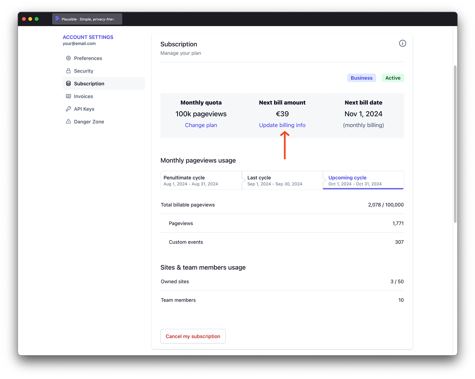 Update Plausible billing information